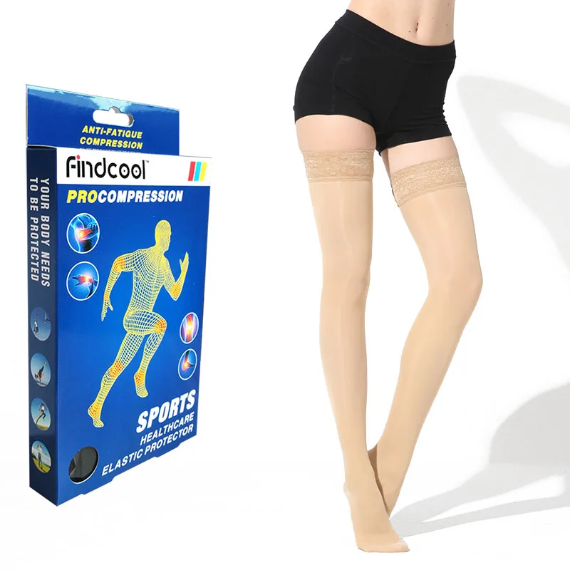 Beige FINDCOOL Йога компрессионные чулки Варикозное расширение вены женские летние сексуальные кружевные чулки медицинские длинные носки 15-20mmHg - Цвет: Beige
