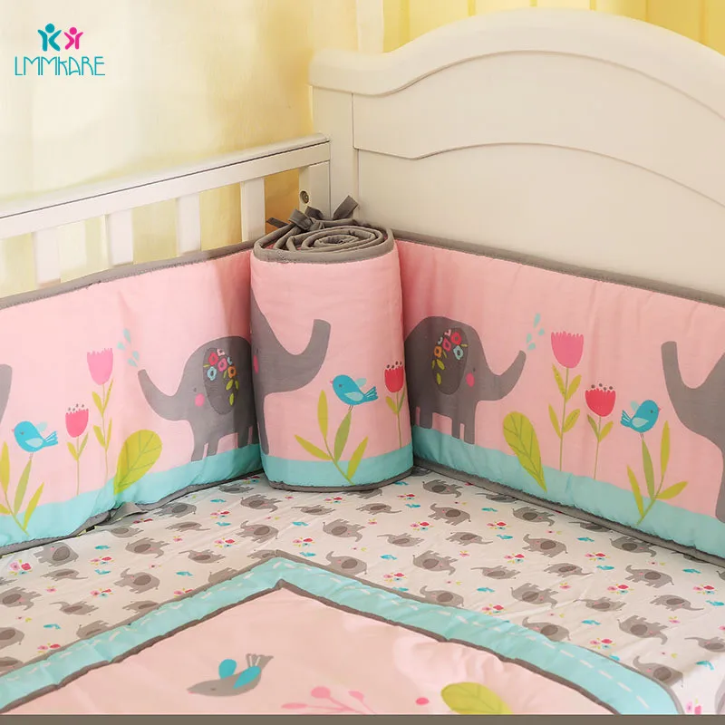 

Cotton Baby Bed Bumpers Soft Breathable Baby Girl's Bedding Sets Pink Elephant Embroidery Newborns Baby Bed Sheet Quilt Bedskirt