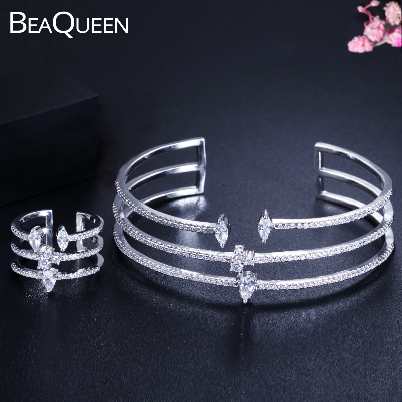 Женский комплект из 3 круглых регулируемых браслетов и кольца BeaQueen JS190|Ювелирные