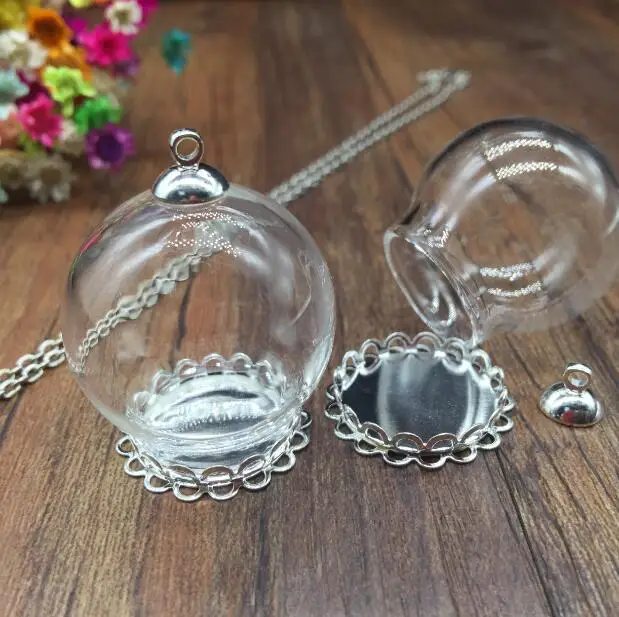 

5sets/lot 30*20mm Glass globe silver plated double lace setting base 8mm cap glass vials pendant DIY glass necklace pendant dome