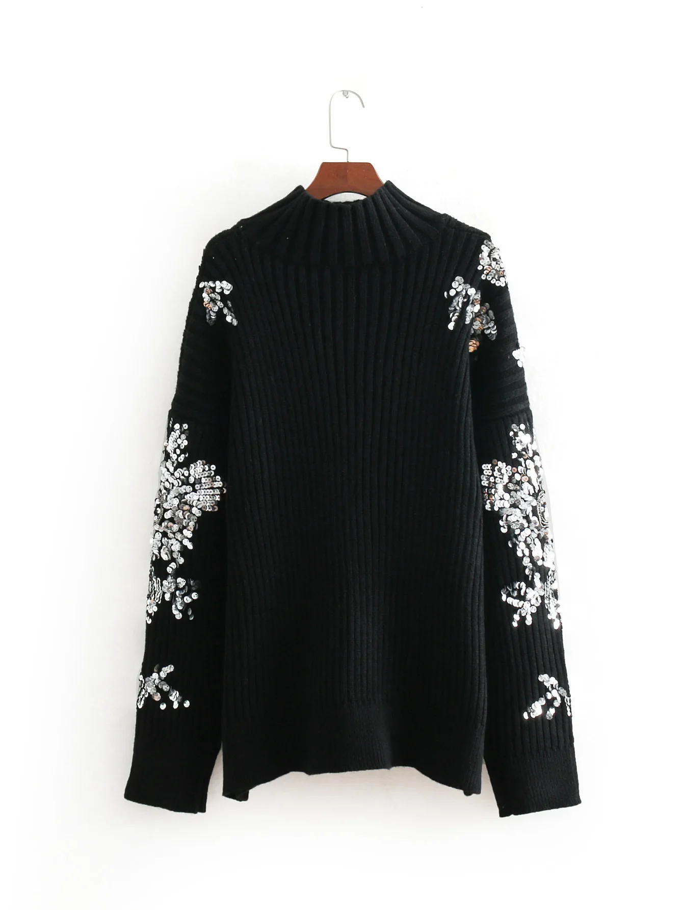 Autumn Sequined WomenTurtleneck Knitted Basic Sweaters Winter Warm Floral Long Sleeve Pullover Top Black loose Pull Femme Jumper | Женская