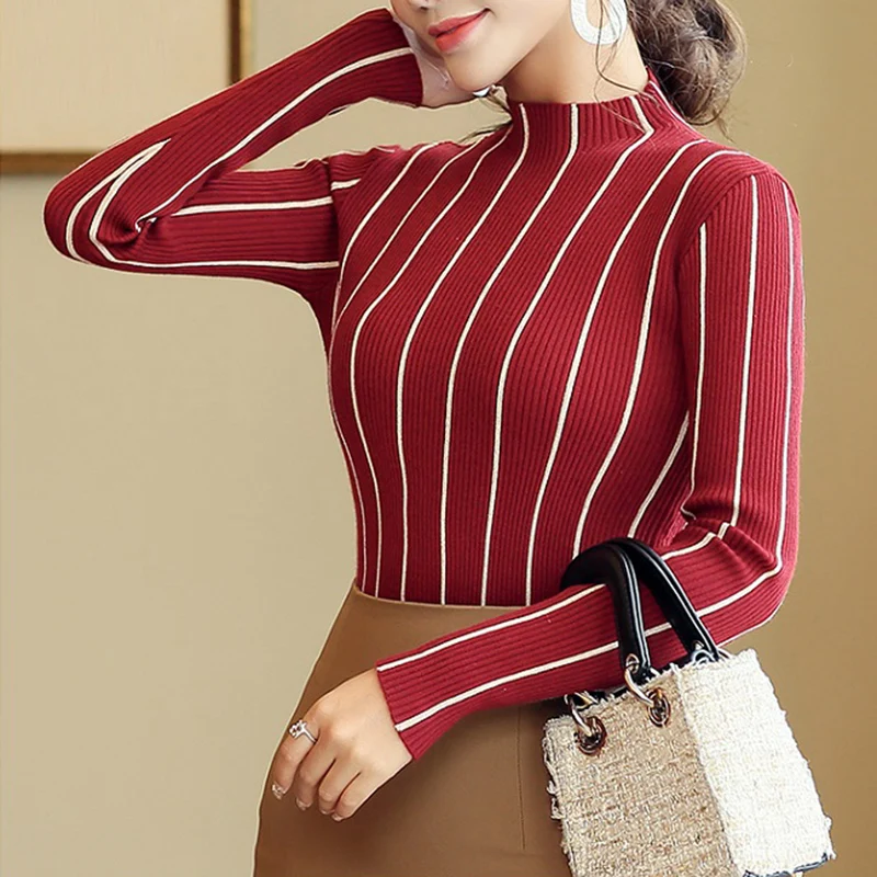 2018 Winter Clothes Women Long Sleeve Striped Thick Sweaters Pullovers Vintage Turtleneck Christmas knitted Sweater Pull Femme | Женская