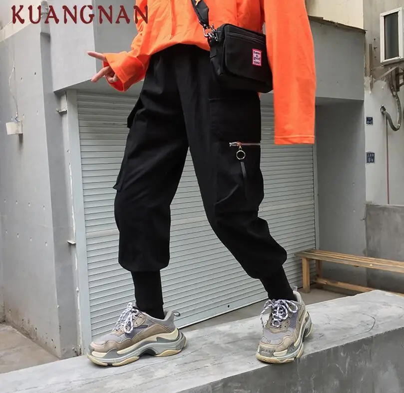 Black KUANGNAN мужские брюки-карго длиной до щиколотки, Японская уличная одежда для бега, мужские брюки в стиле хип-хоп, мужские брюки 5XL, весна - Цвет: Black