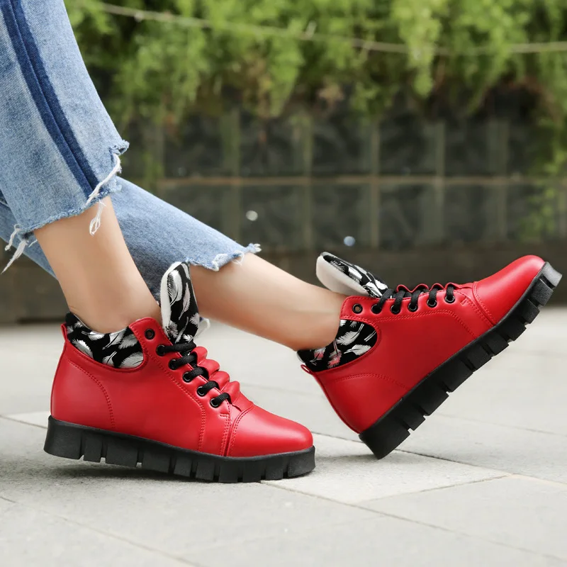 Black Patent Leather Ankle Boots For Women Lace Up Platform Winter Warm Plush Street Style Shoes | Обувь