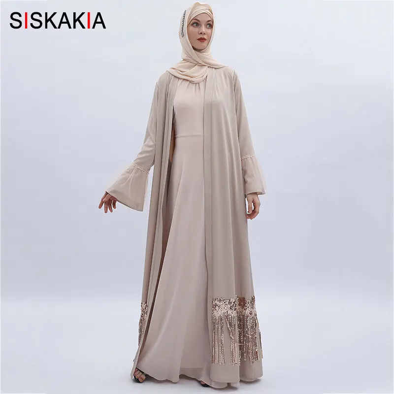 Beige abaya Siskakia Женская открытая абайя высокого класса Роскошные кисточкой блёстки лоскутное дизайн кардиган халаты мусульманские кафтаны Дубай с расклешенными рукавами - Цвет: Beige abaya