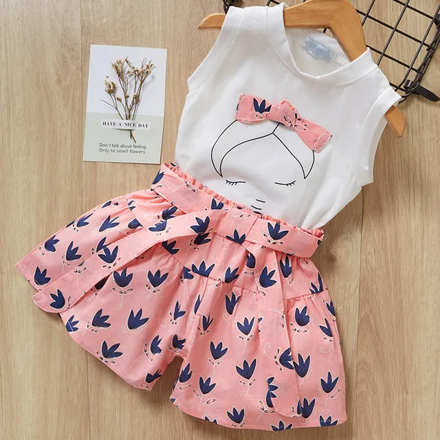 Girls' Clothing Sets 2019 Summer New Style Girls Cartoon Print T-shirt+Short 2Pcs for Kids Clothes Sleeveless | Детская одежда и