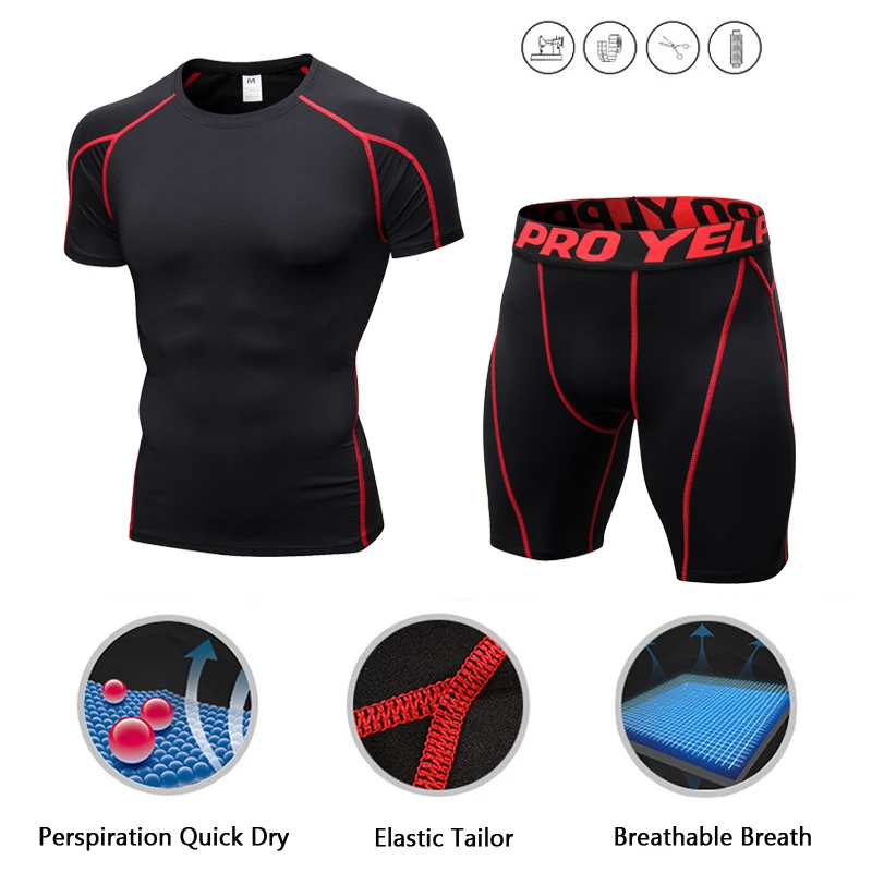 Компрессионный спортивный костюм для бега с коротким рукавом шорты фитнеса