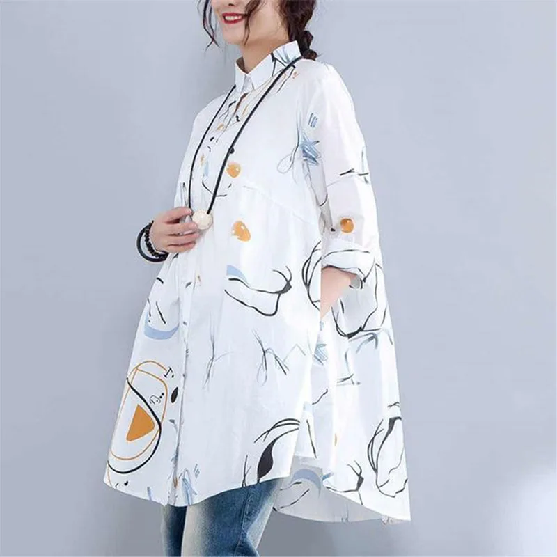 BUYKUD Casual Plus Size Cotton Blouses 2018 New Elegant Printed Pocket Tops Vacation Single Breasted Polo Collar Buttons |