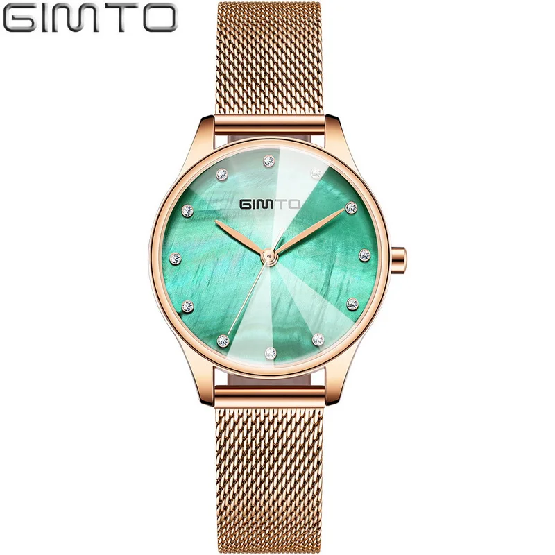 rose gold green Модные женские часы GIMTO Роскошные Брендовые повседневные часы Стильные минимализм классические водонепроницаемые женские наручные часы подростковые часы - Цвет: rose gold green