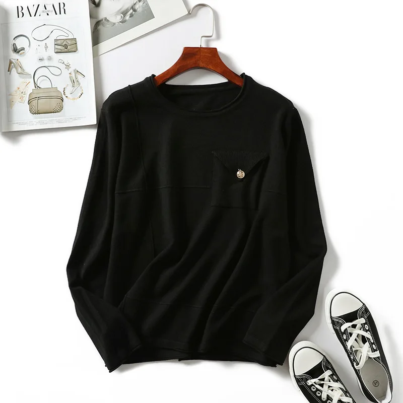 Women pullovers knitted sweater long sleeves basic o-neck tricot pocket loose warm new cashmere wool knit tops plus size | Женская
