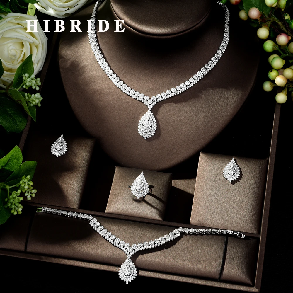 HIBRIDE Luxury Bridal Jewelry Set With Cubic Zirconia Party Wedding Saudi Arabic Dubai Necklace&Earring&Bangle&Ring Sets N-247