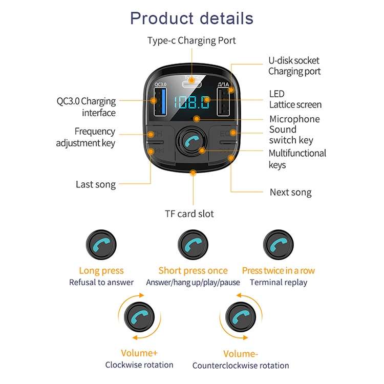 LCAV BT V5.0 автомобильный fm-передатчик двойной usb type C автомобильное зарядное устройство поддерживает tf-карту/USB/многофункциональный плеер