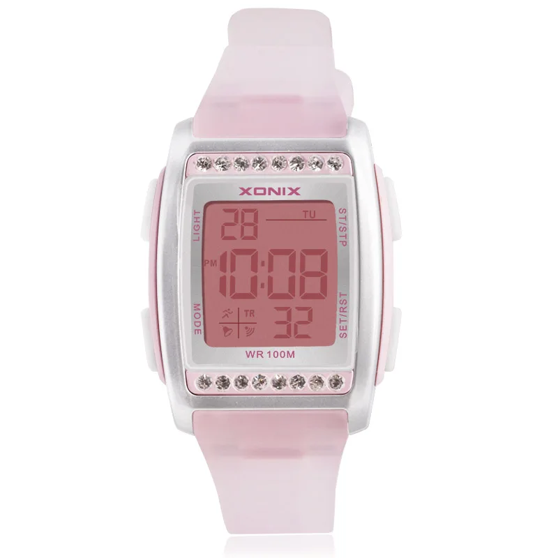 Модные цифровые женские наручные часы стразы на ремешке из ПУ кожи повседневные