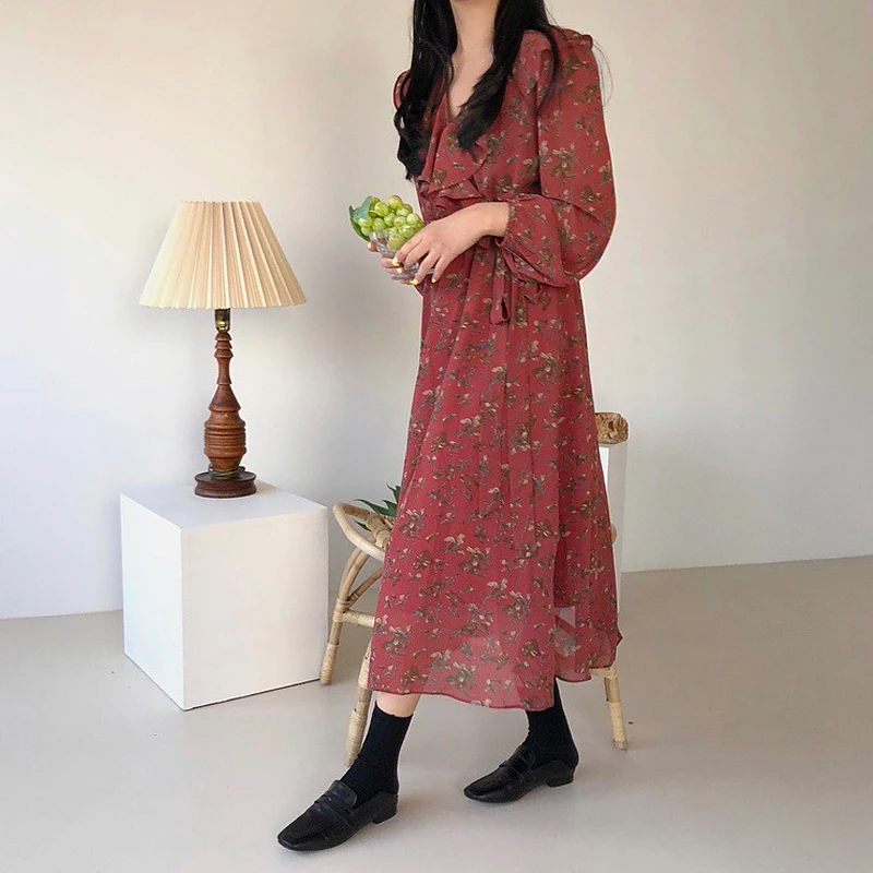 Для женщин платья Ins для девочек Kawaii Ulzzang Chic Раффлед Платье с длинным рукавом в