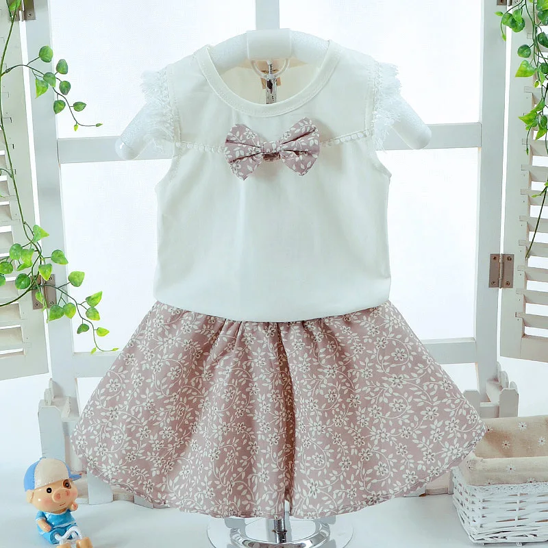 Детская одежда летний комплект одежды для маленьких девочек футболка с бантом +