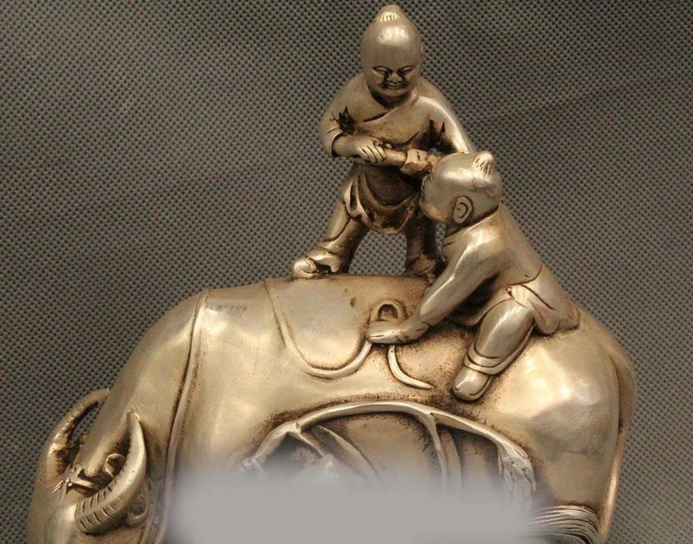 8&quot Lovely Chinese China Silver Cowboy Vaquero Children Kids Ride Bull Ox Statue | Дом и сад