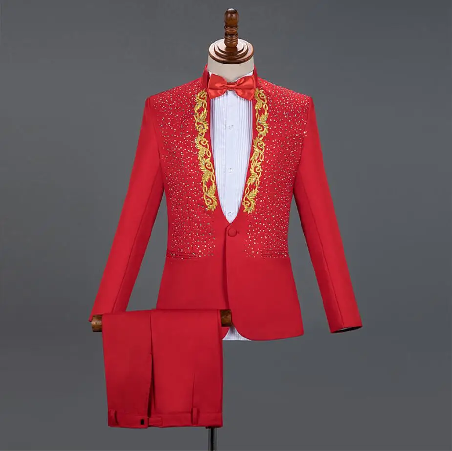 

New Men's Suit set Men suits &blazer Rhinestones Blazers Pants Sets Singer Host Concert Stage Outfits Wedding Party Dresses