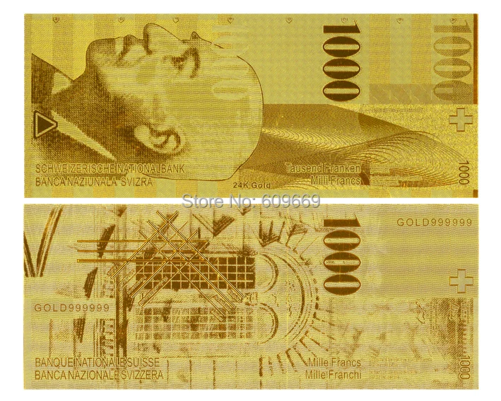 Валюта Новая Швейцария Золотая фольга банкнота покрытая 1000 Франк ПЭТ