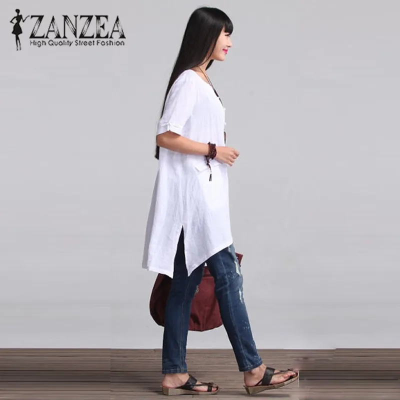 ZANZEA Женская винтажная блузка с круглым вырезом и коротким рукавом из хлопка и льна свободная Летняя короткая рубашка с неровным подолом топы размера плюс
