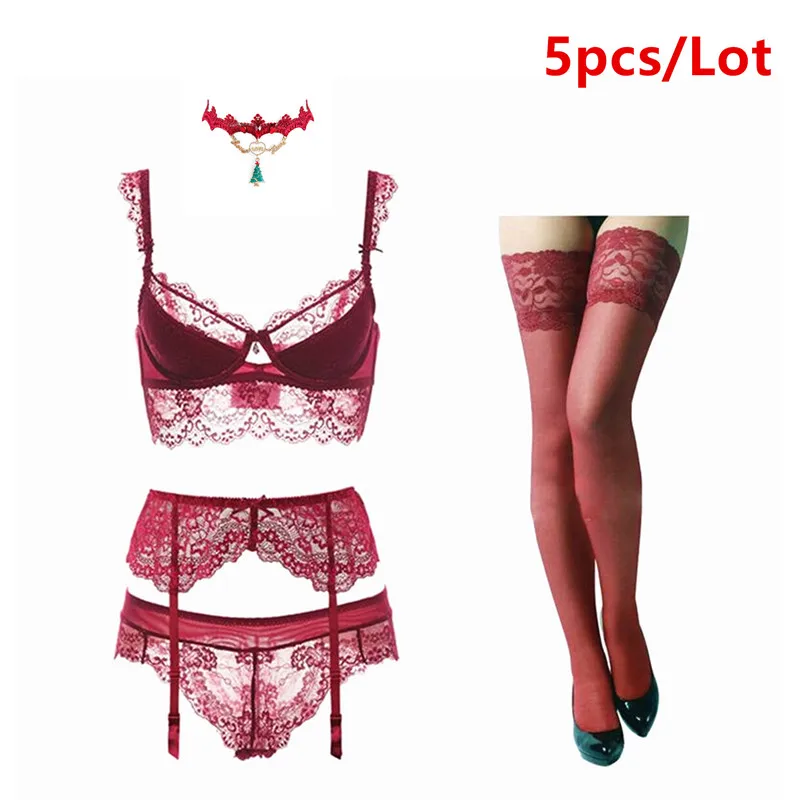 Wine Red Varsbaby/ Модный сексуальный кружевной бюстгальтер пуш-ап+ трусики+ подвязки+ чулки+ ожерелье, Рождественский комплект из 5 предметов с бюстгальтером A B C D - Цвет: Wine Red