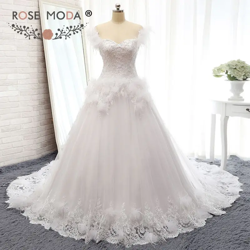 

Rose Moda Luxury Feathery Ball Gown Off Shoulder Feather Wedding Dress 3D Flower Princess Wedding Dresses