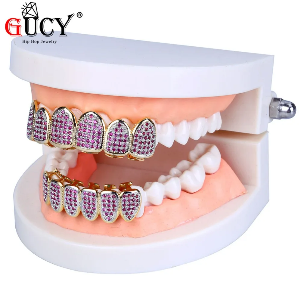 GUCY Gold Hip Hop Teeth Grillz Micro Pave Fuchsia CZ Stone Iced Out Top&Bottom Grills Set Vampire Teeth Caps Mouth Jewelry Party