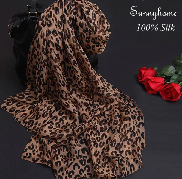 100 шёлковый шифоновый женский шарф с коричневым леопардовым принтом роскошный