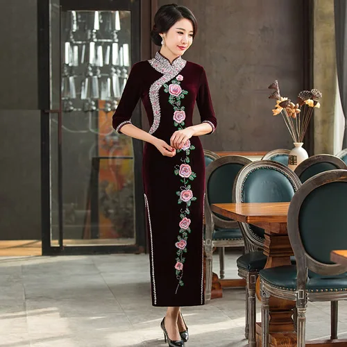 Роскошное ручное вышитое бисером бархатное платье для мамы Cheongsam голубое китайское традиционное длинное Qipao женское Qi Pao восточное платье - Цвет: Maroon