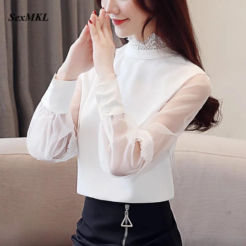 

SexMKL Womens Chiffon Tops and Blouses 2020 Korean Women Long Sleeve Blouse Sexy Chemisier Femme Sexy Ladies Shirt White Blusas