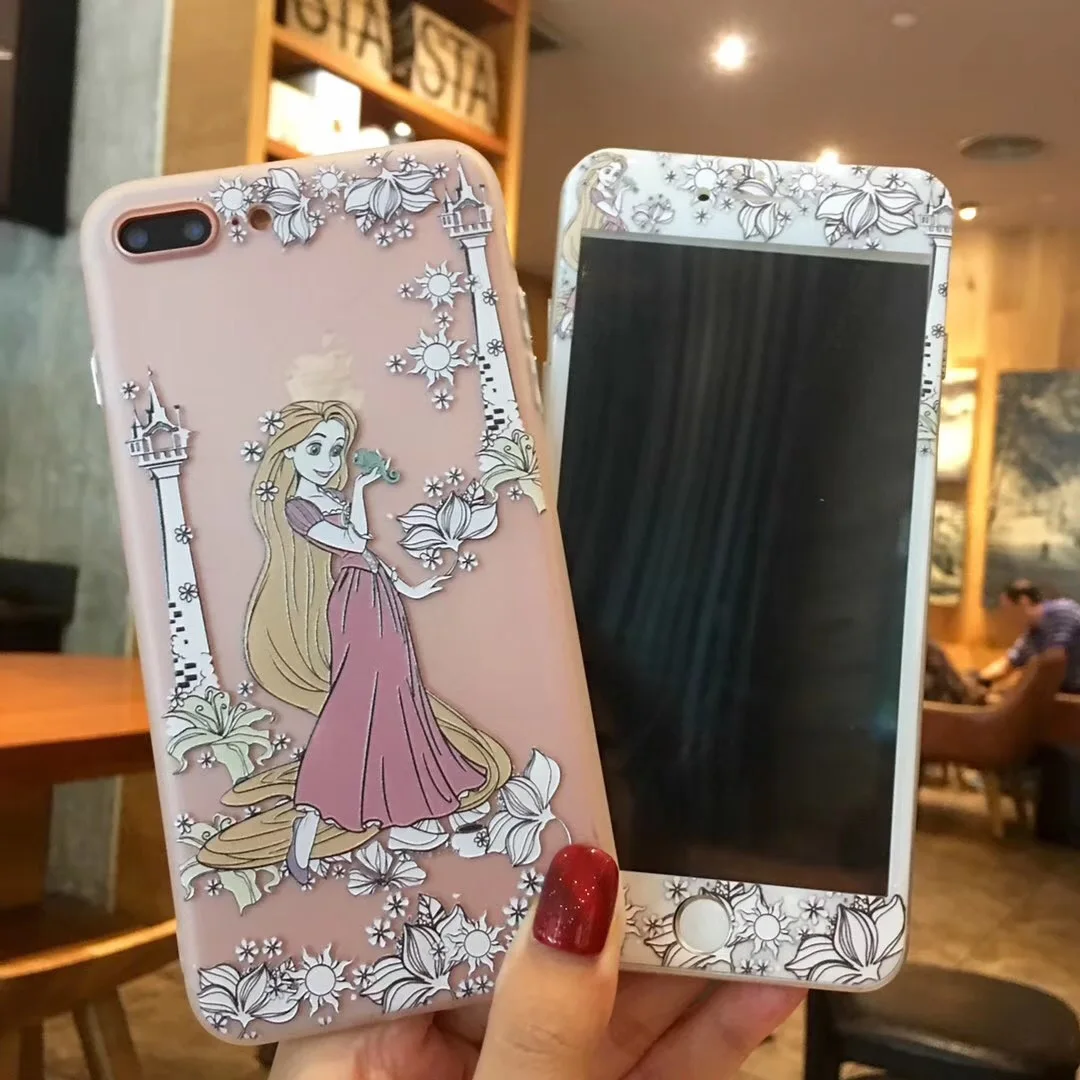 Алиса принцесса Русалка Рапунцель Жесткий PC+ TPU чехол для телефона для iphone 6 6S 7 8 Plus+ протектор экрана 3D 9H Закаленное стекло пленка