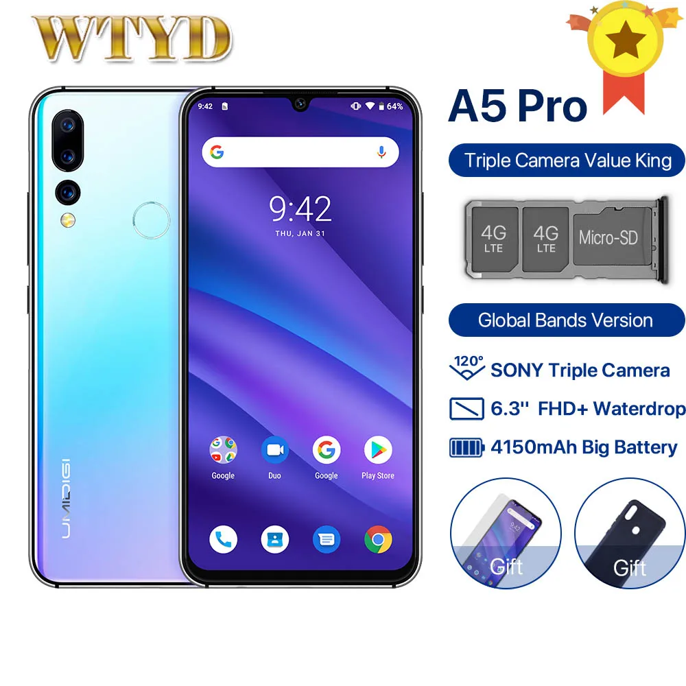 Глобальная версия смартфона UMIDIGI A5 PRO тройная камера 16 МП двойной мобильный
