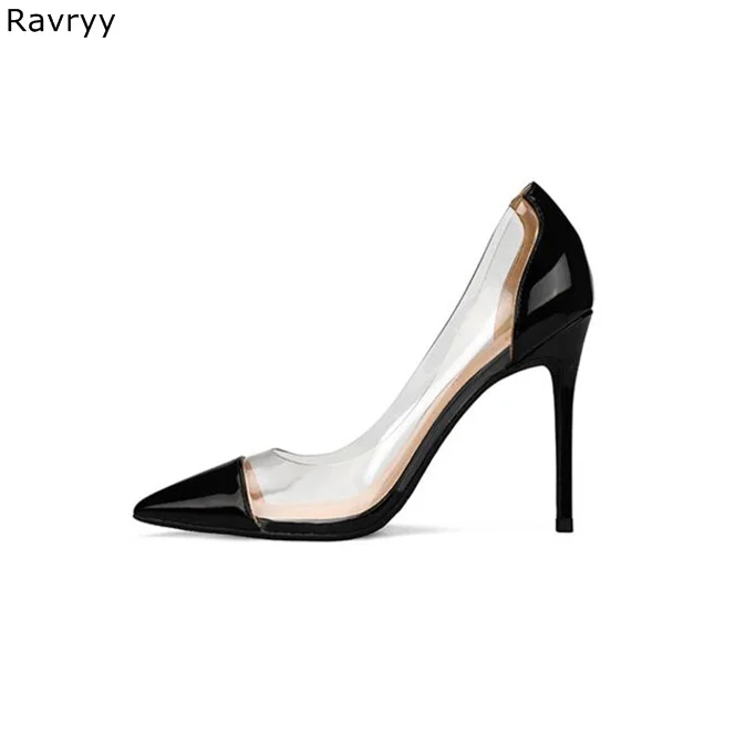 

Пикантные женские черные туфли-лодочки из ПВХ в стиле пэчворк на высоком каблуке с острым носком женские модельные туфли на тонком каблуке вечерние туфли из органической кожи на шпильке