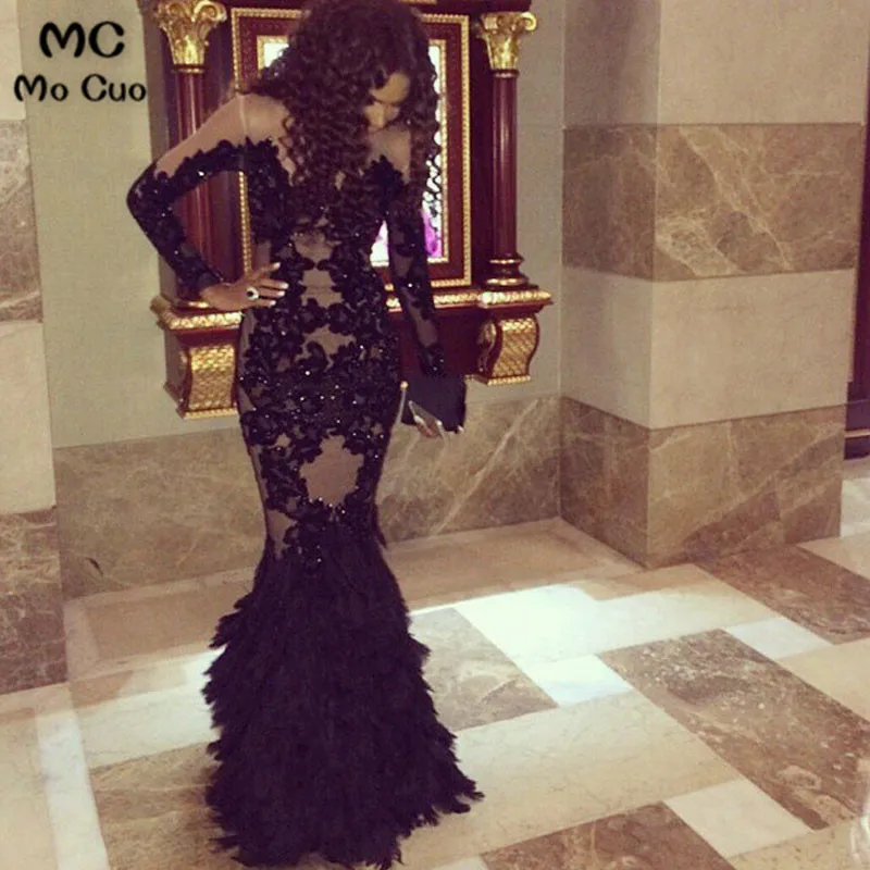 Платье с длинным рукавом и перьями юбкой годе|robe de soiree|robe depageant evening dresses |
