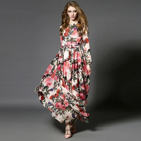 Лидер продаж, новинка 2018, итальянское весенне-летнее платье до щиколотки, повседневное длинное шелковое платье с цветочным принтом роз и разноцветными блестками для женщин