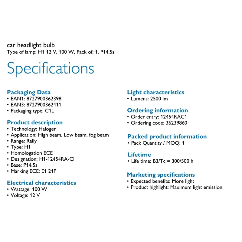 Philips Rally Vision H1 12V 100W P14.5s 12454RAC1 Off Road Super Bright Light Car Halogen Headlight Auto Bulb(Single