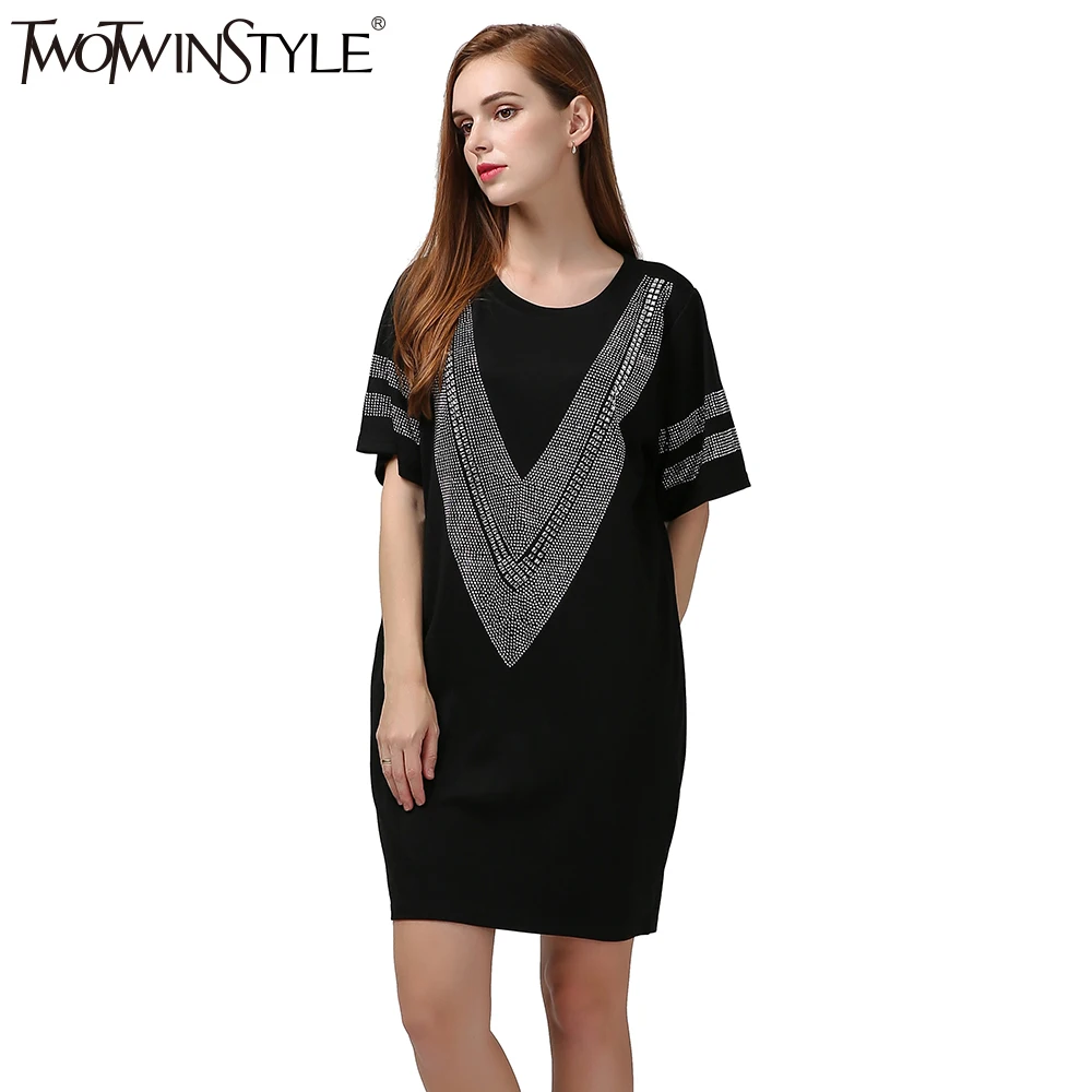 Twotwinstyle Лето 2017 г. Для женщин бриллиантами длинная футболка Мини-платья рукав