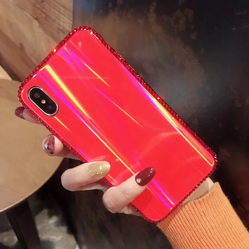 Цветной лазерный чехол Aurora для iPhone X 8 7 Plus 6 6s с бриллиантовым украшением