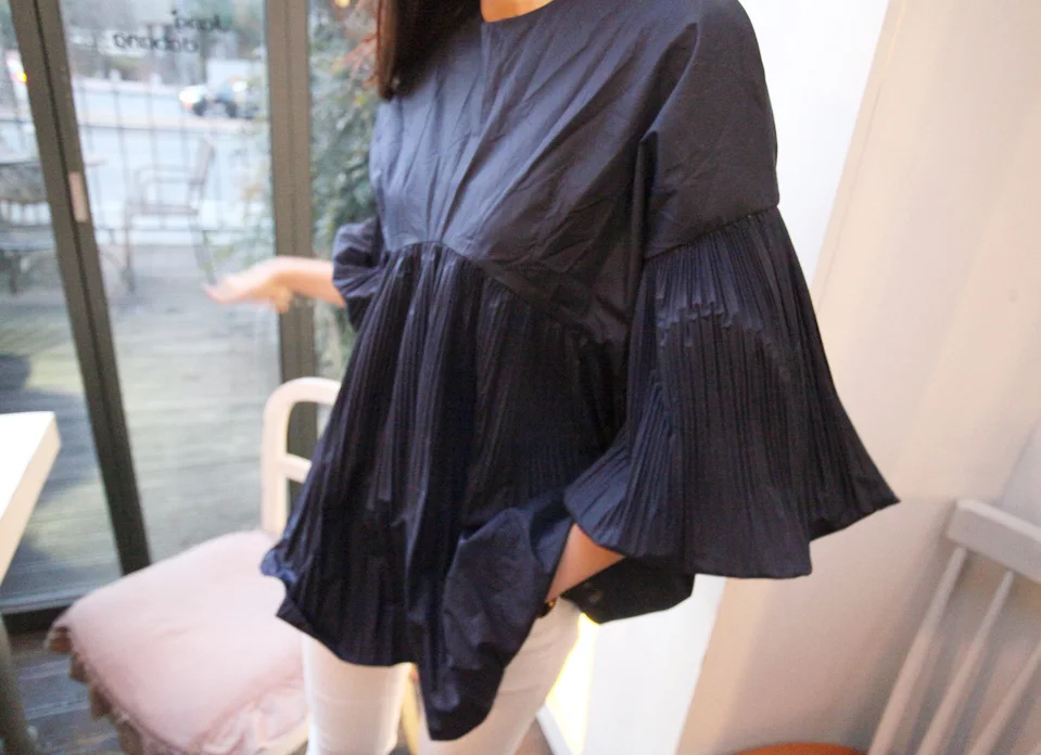 2017 new autumn collection three quarter puff sleeve crimp bouffancy shirt top blouse o-neck solid blue loose wide fit |