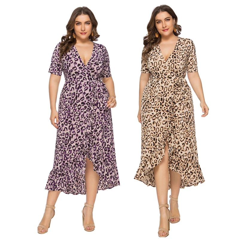 Женское леопардовое шифоновое платье с коротким рукавом и V образным
