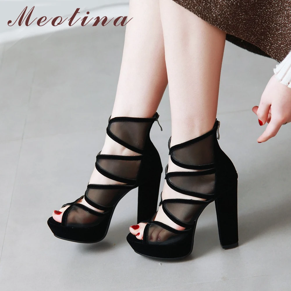 

Meotina Women Gladiator Shoes Summer Sandals Zipper Platform Block High Heels Shoes Sexy Cutout Peep Toe Sandals Big Size 33-43