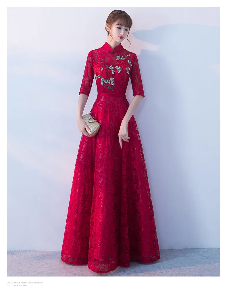 Кружево Qipao Длинные невесты свадебное вечернее платье современные китайские традиционные Vestido Oriental Платья для женщин Красный Вышивка Cheongsam Винтаж