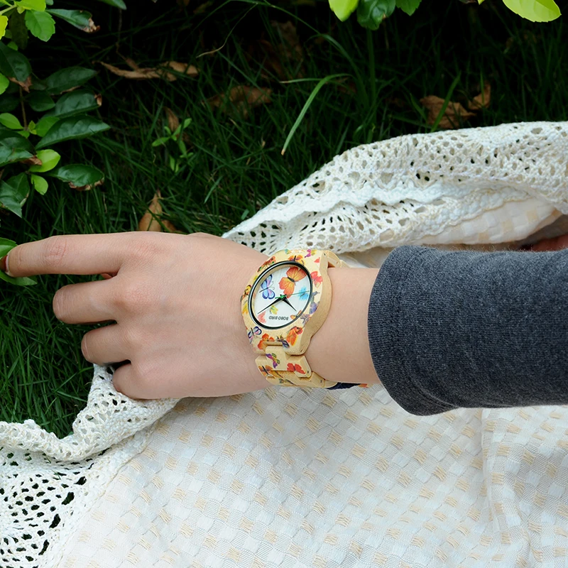 Женские бамбуковые часы BOBO BIRD дизайнерские с принтом и кварцевым механизмом