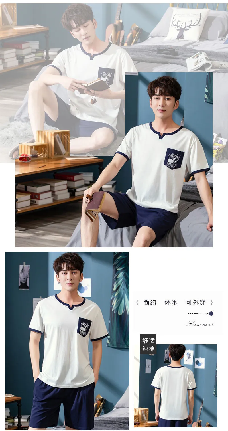 Mens Pajama Set Cotton Home Clothing Leisure Sleeping Suit Men Summer Shorts Pyjama Set Cotton Men Two Pieces Nightwear Men