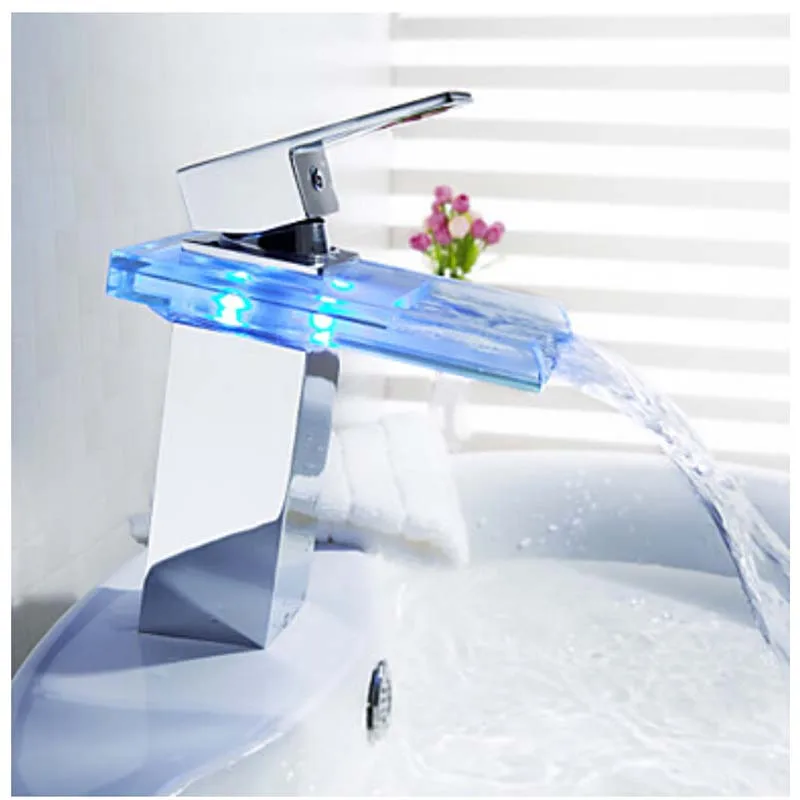 Luxury Free Shipping LED Color Changing Basin Faucet Bathroom Deck Mount Waterfall Glass Mixer Taps Chrome Tap | Обустройство дома