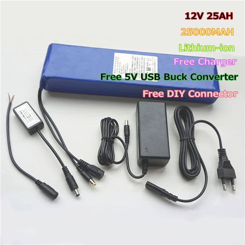 

Multifunctional 25000MAH 12V 25AH Li-ion Batteries for Power Bank with Free Charger & 5V USB Buck Converter & DIY Connector