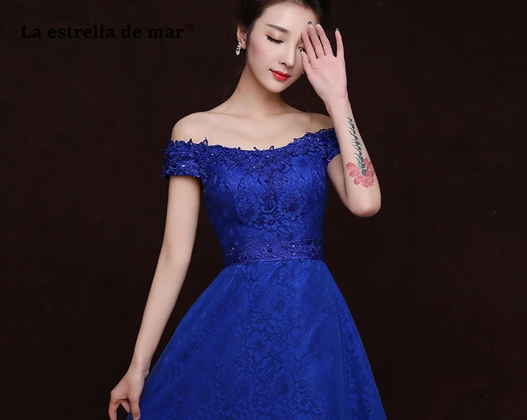 Ла звезда mar robe demoiselle d'honneur2019 кружевной вырез лодочкой короткий рукав трапециевидной формы королевский синий короткое платье подружки невесты Дешевые