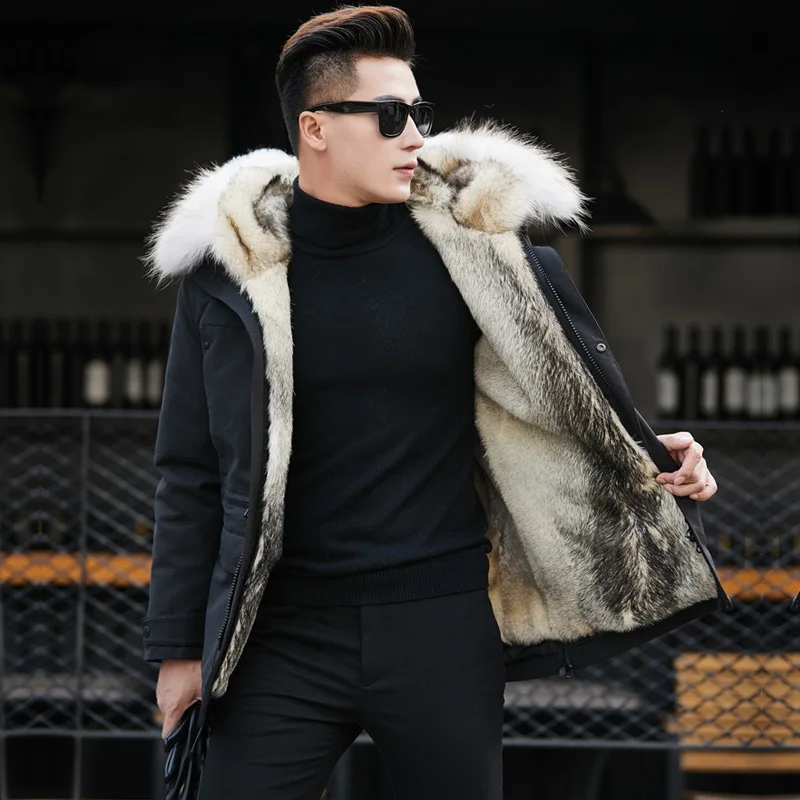 2019 Роскошная зимняя меховая парка мужской Тренч длинное пальто для снежной