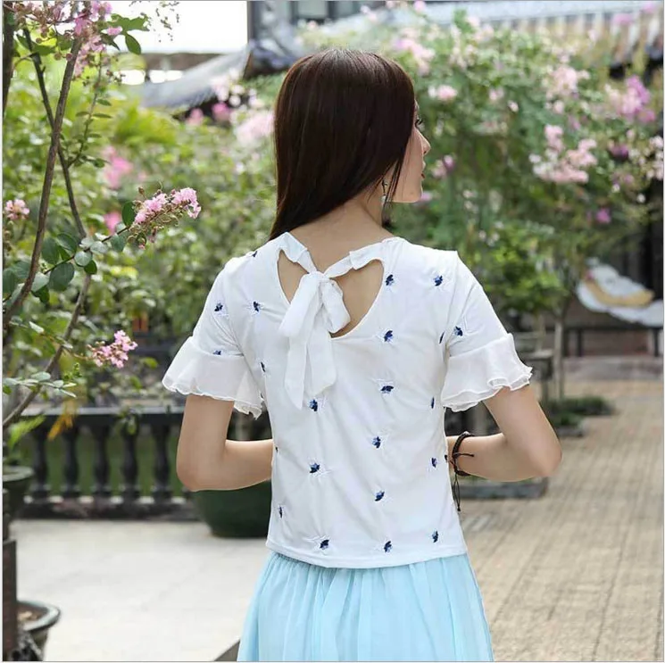 2018 летняя футболка с вышивкой и бантом на спине | Женская одежда