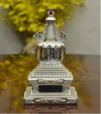 Серебристый Древний фантастический тибетский буддийский Stupa поставки медь Bodhi пагода 14 см золото тонкой работы/башня Будды может украшения - Цвет: Серебристый