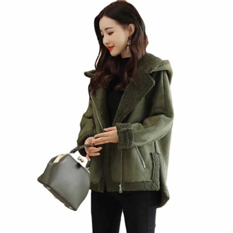 Женская замшевая куртка на молнии с длинным рукавом и капюшоном | одежда